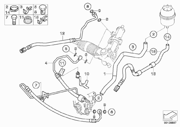 Маслопроводы гидроусилителя рул.управл. для BMW E61 525i M54 (схема запчастей)