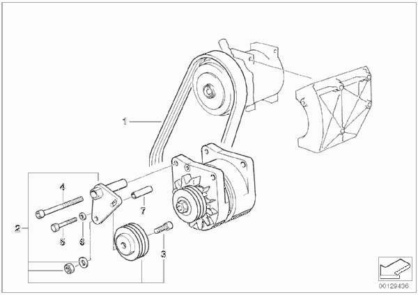 Ременный привод доп.генератора для BMW E32 750i M70 (схема запчастей)