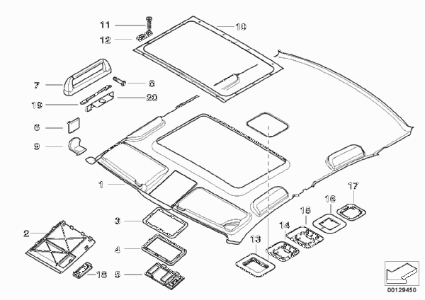 Потолок / поручень для BMW E39 M5 S62 (схема запчастей)