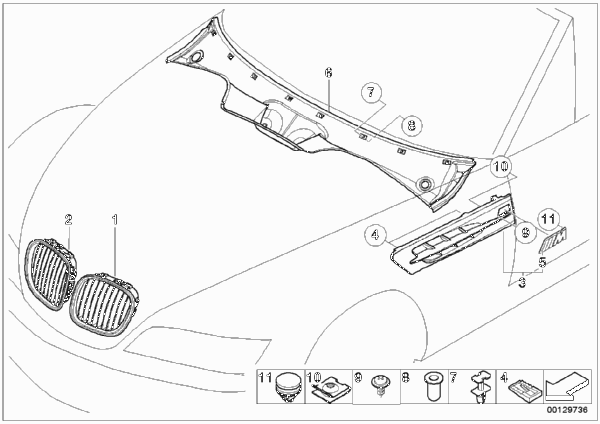 Наружные накладки / декоративные решетки для BMW Z3 Z3 M3.2 S50 (схема запчастей)