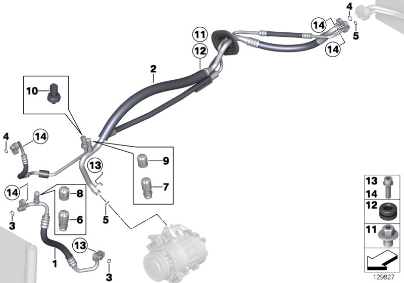 Трубопроводы хладагента для BMW RR2 Drophead N73 (схема запчастей)