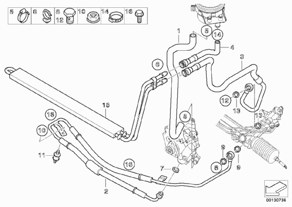 Маслопроводы гидроусилителя рул.управл. для BMW E53 X5 4.8is N62 (схема запчастей)