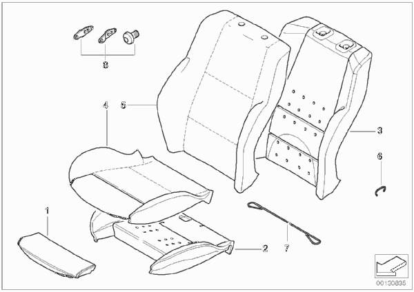 Набивка и обивка передн.сиденья для BMW E63N 630i N53 (схема запчастей)
