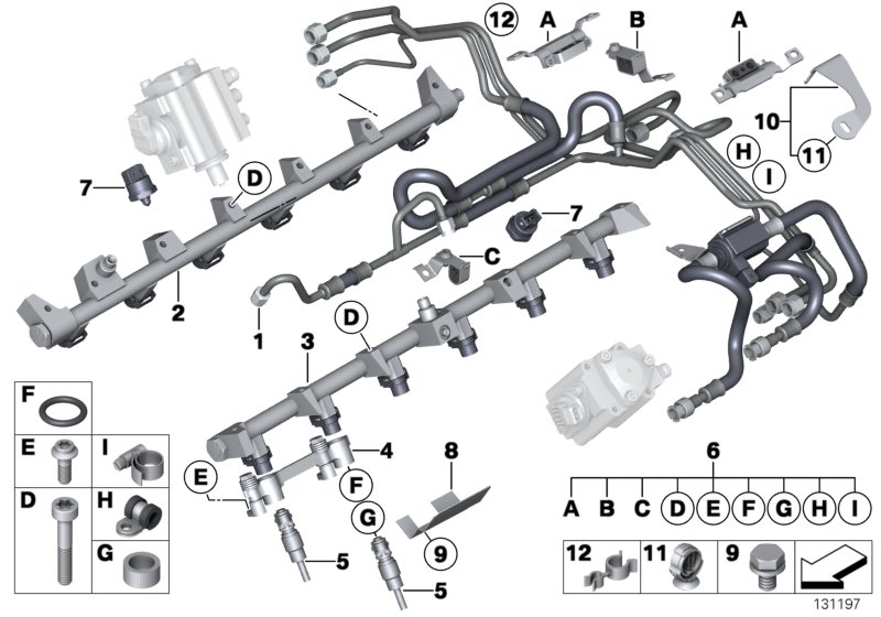 Система впрыска - топливопровод для BMW RR1 Phantom N73 (схема запчастей)