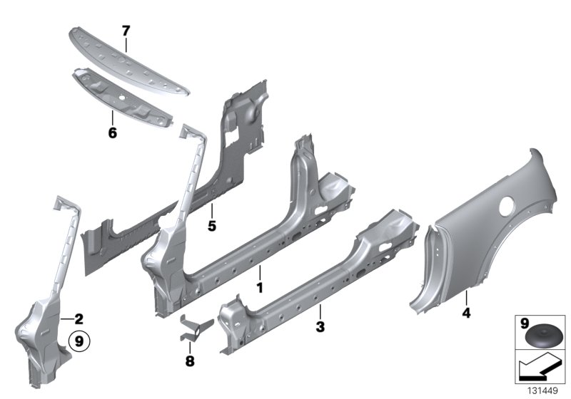Детали бокового каркаса для BMW R57N Coop.S JCW N18 (схема запчастей)