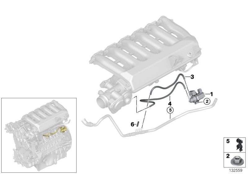 Вакуумная система управления AGR для BMW E65 730d M57N (схема запчастей)