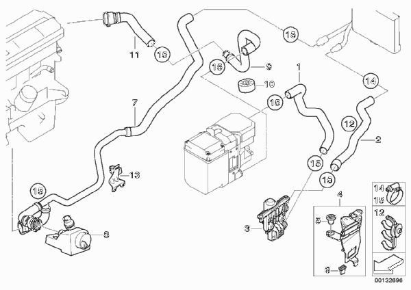 Водяные шланги доп.отопителя IHKR для BMW E53 X5 3.0d M57N (схема запчастей)