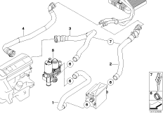 Водяная помпа, клапан, шланги для BMW E83 X3 3.0d M57N2 (схема запасных частей)