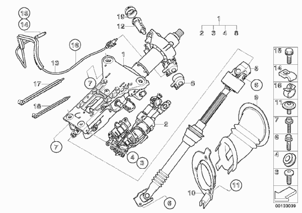 Рулевая колонка с электропр./доп.детали для BMW E60 520i M54 (схема запчастей)