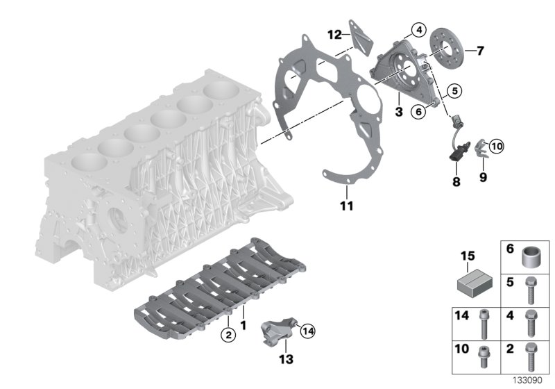 Блок цилиндров/дополнительные элементы для BMW E70 X5 3.0d M57N2 (схема запчастей)