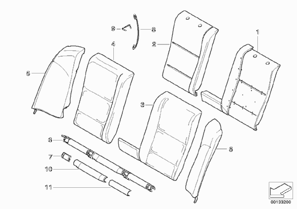 Набивка и обивка базового сиденья Зд для BMW E60 525i M54 (схема запчастей)
