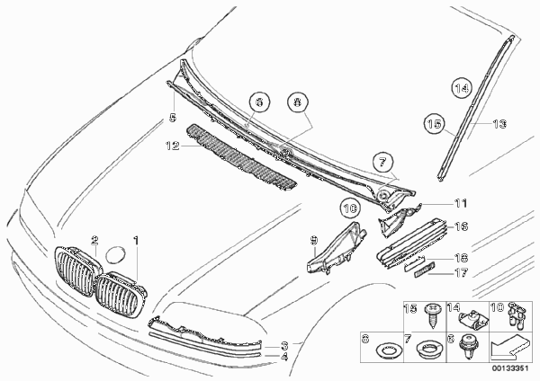 Наружные накладки / декоративные решетки для BMW E46 318Ci N42 (схема запчастей)
