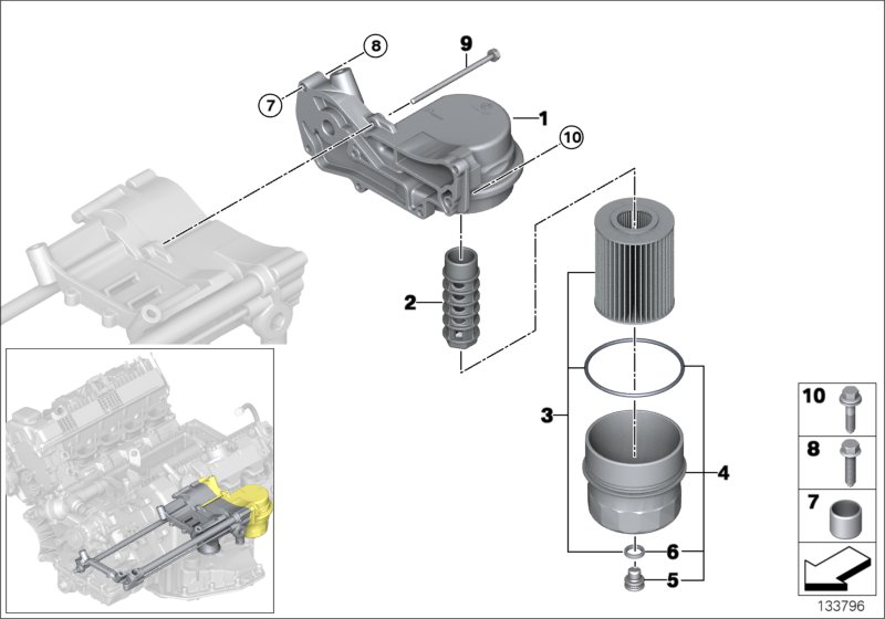 Смазочная система-масляный фильтр для BMW E53 X5 4.8is N62 (схема запчастей)