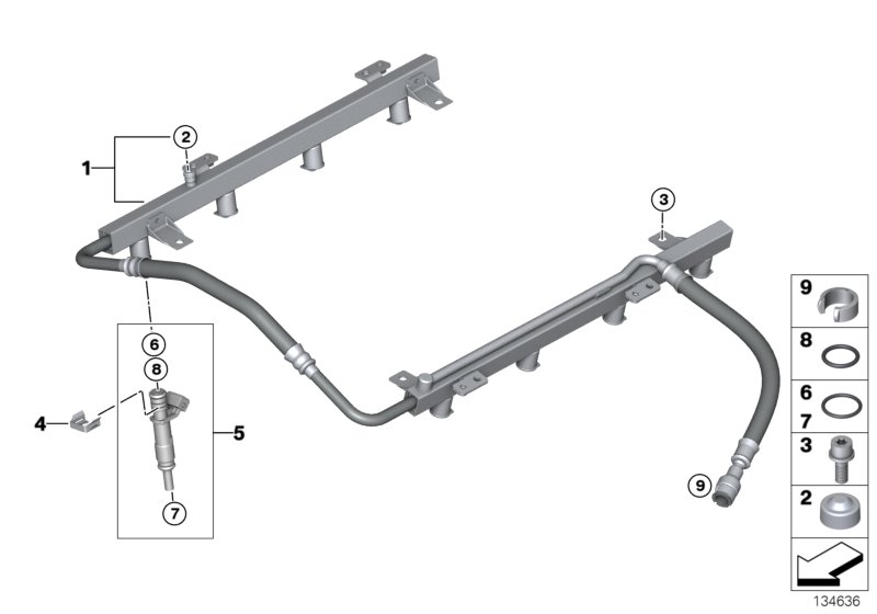 Клапаны/трубопроводы системы впрыска для BMW E60 545i N62 (схема запчастей)