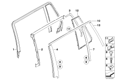 Накладки и уплотнения двери Зд для BMW E61N M5 S85 (схема запасных частей)