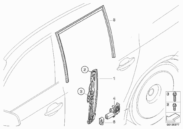 Механизм перемещения стекла двери Зд для BMW E61 525i N52 (схема запчастей)