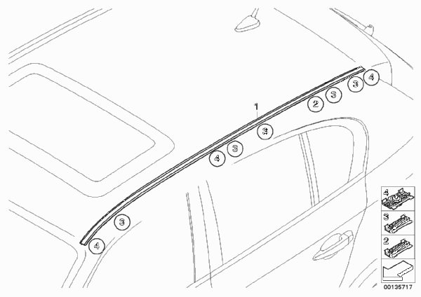 Декоративная планка крыши/леер для BMW E61 525d M57N (схема запчастей)
