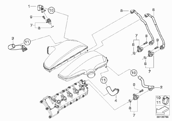 Система вентиляции картера для BMW E63 M6 S85 (схема запчастей)