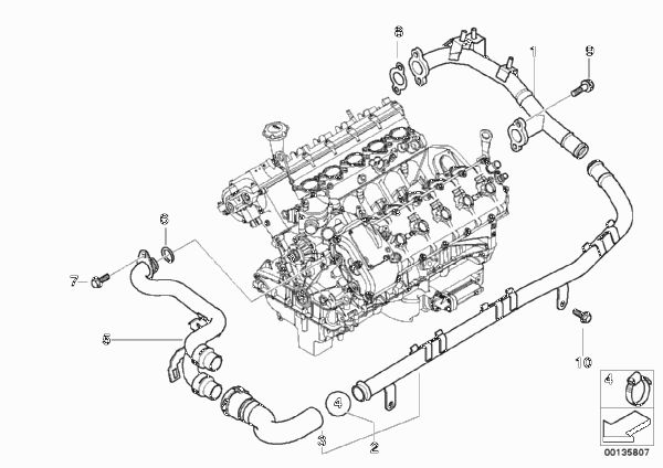 Трубопровод системы охлаждения для BMW E61N M5 S85 (схема запчастей)
