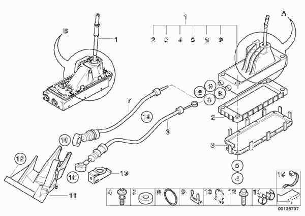 Механизм переключения передач МКПП для BMW R53 Cooper S W11 (схема запчастей)
