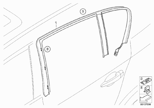 Накладки и уплотнения двери Зд для BMW E87N 130i N52N (схема запчастей)
