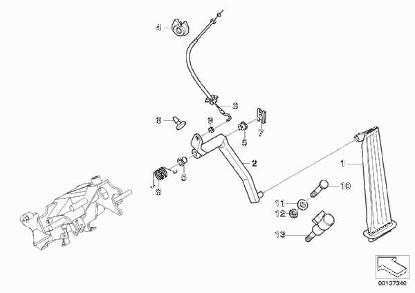 Привод педали акселератора/тросик для BMW E39 540i M62 (схема запчастей)