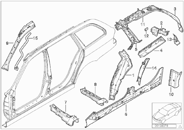 Детали бокового каркаса для BMW E39 530i M54 (схема запчастей)