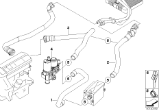 Водяная помпа, клапан, шланги для BMW E83 X3 2.0d M47N2 (схема запасных частей)