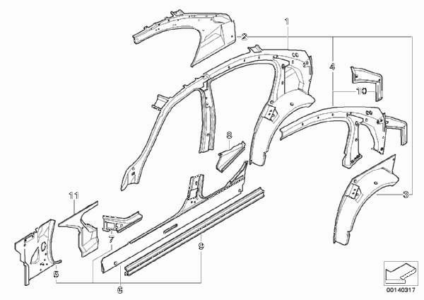 Детали бокового каркаса для BMW E90N 328i N51 (схема запчастей)