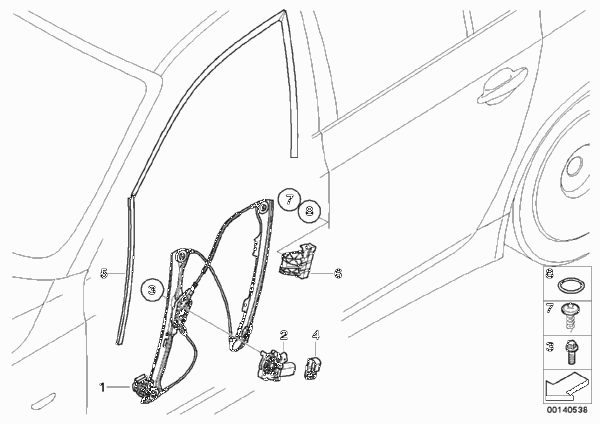 Механизм перемещения стекла двери Пд для BMW E60 530i M54 (схема запчастей)
