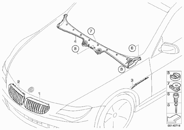 Наружные накладки / декоративные решетки для BMW E63N 650i N62N (схема запчастей)