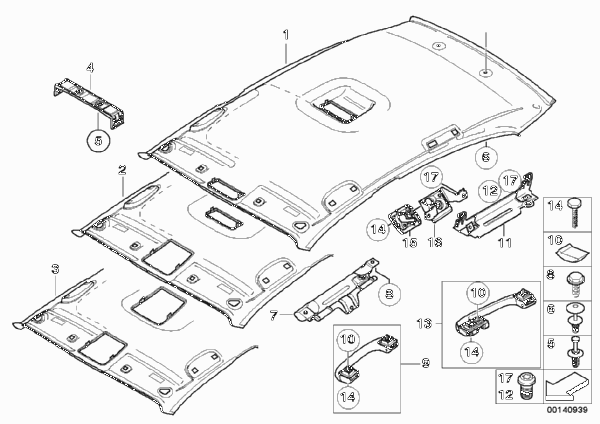 Потолок / поручень для BMW E87 118i N46 (схема запчастей)