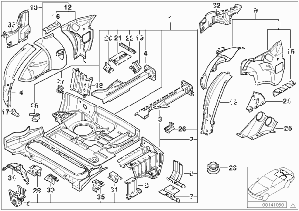 Пол багажника/брызговик Зд для BMW Z3 Z3 1.8 M43 (схема запчастей)
