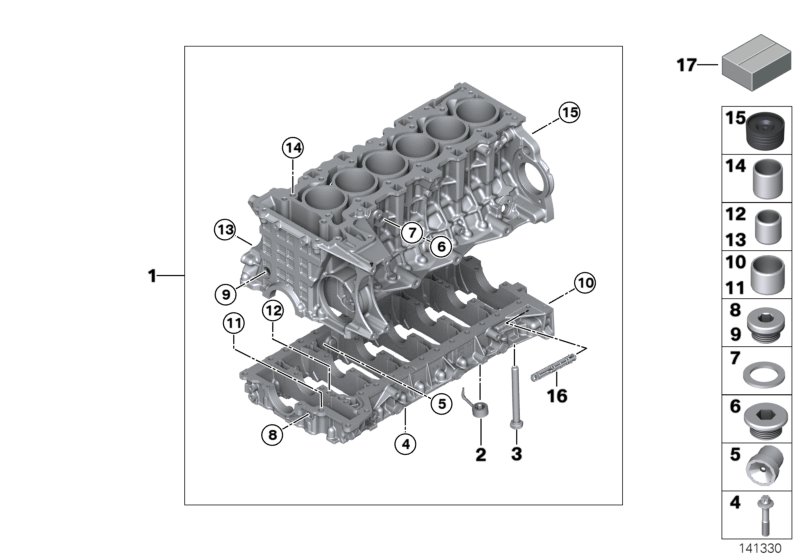 Блок-картер двигателя для BMW E91 335i N54 (схема запчастей)