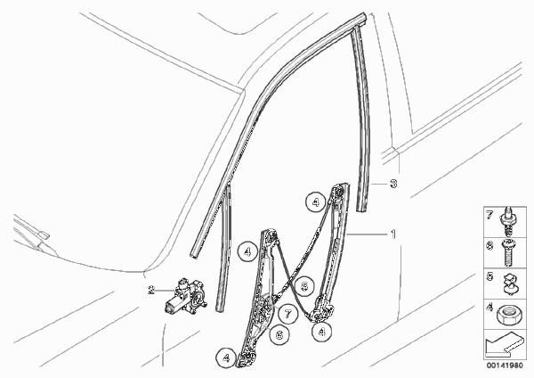 Механизм перемещения стекла двери Пд для BMW E91 325d M57N2 (схема запчастей)
