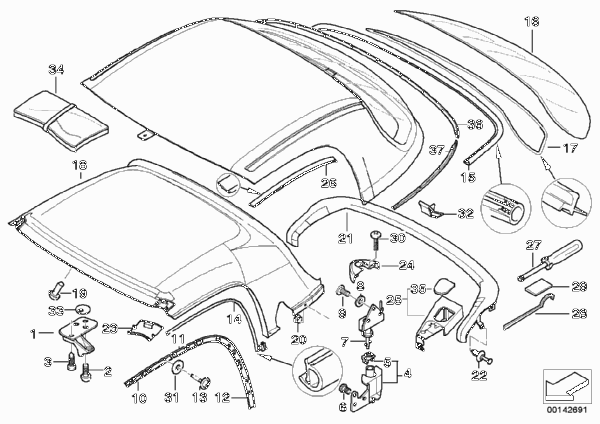 Детали жесткой цельносъемной крыши для BMW Z3 Z3 2.2i M54 (схема запчастей)