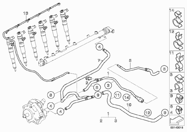 Топливопроводы/элементы крепления для BMW E83 X3 3.0d M57N (схема запчастей)