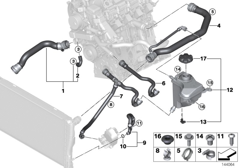 Водяной шланг системы охлаждения для BMW E90 318d M47N2 (схема запчастей)