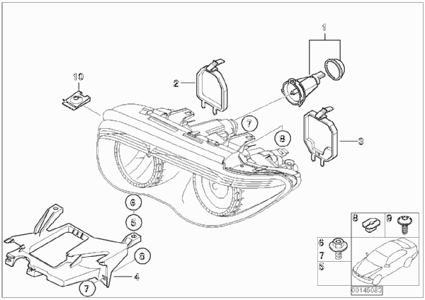 Детали ксеноновой фары для BMW E66 750Li N62N (схема запчастей)