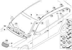 Наружн.наклад/дек.решетка/упл.прокладки для BMW E91N 320d N47 (схема запасных частей)