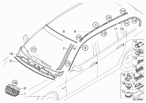 Наружн.наклад/дек.решетка/упл.прокладки для BMW E91N 320d N47N (схема запчастей)