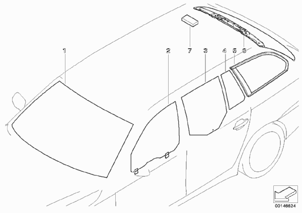 Остекление для BMW E61N 523i N52N (схема запчастей)