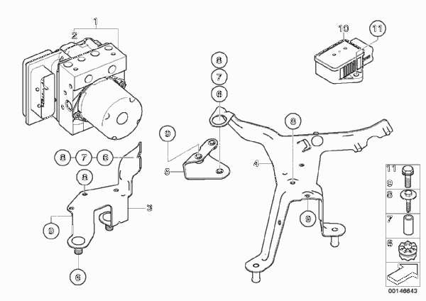 Гидроагрегат DSC/крепление/датчики для BMW E61 530xd M57N2 (схема запчастей)
