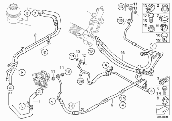 Маслопроводы гидроусилителя рул.управл. для BMW E63 M6 S85 (схема запчастей)