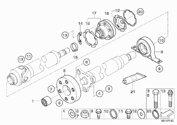 Детали карданного вала, полноприводный для BMW E61N 525xd M57N2 (схема запчастей)