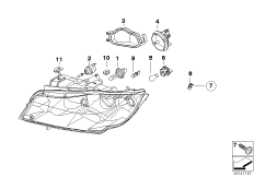 Детали галогенной фары для BMW E91 323i N52N (схема запасных частей)