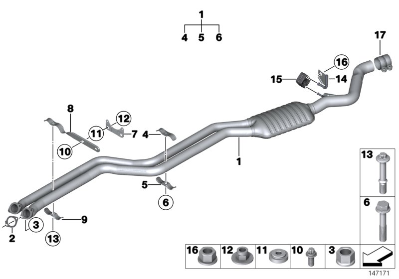 Передний дополнительный глушитель для BMW E84 X1 25iX N52N (схема запчастей)
