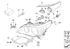 Детали галогенной фары для BMW E61 530d M57N2 (схема запасных частей)