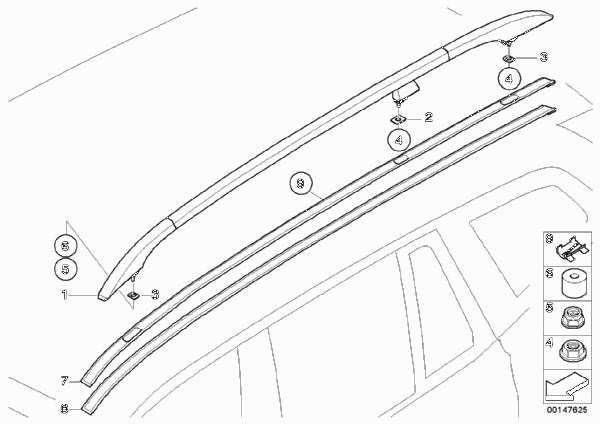 Декоративная планка крыши/леер для BMW E83 X3 2.5i M54 (схема запчастей)