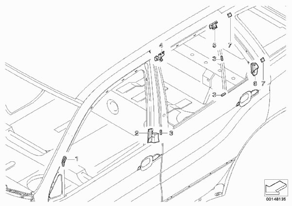 Накладки и уплотнения двери Пд для BMW E53 X5 4.4i M62 (схема запчастей)